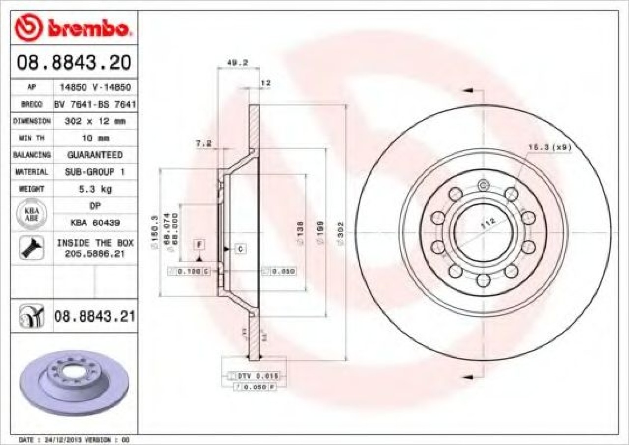 Disc frana AUDI A6 Avant (4F5, C6) (2005 - 2011) BREMBO 08.8843.21 piesa NOUA