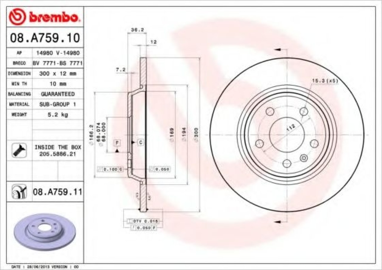 Disc frana AUDI Q5 (8R) (2008 - 2016) BREMBO 08.A759.11 piesa NOUA