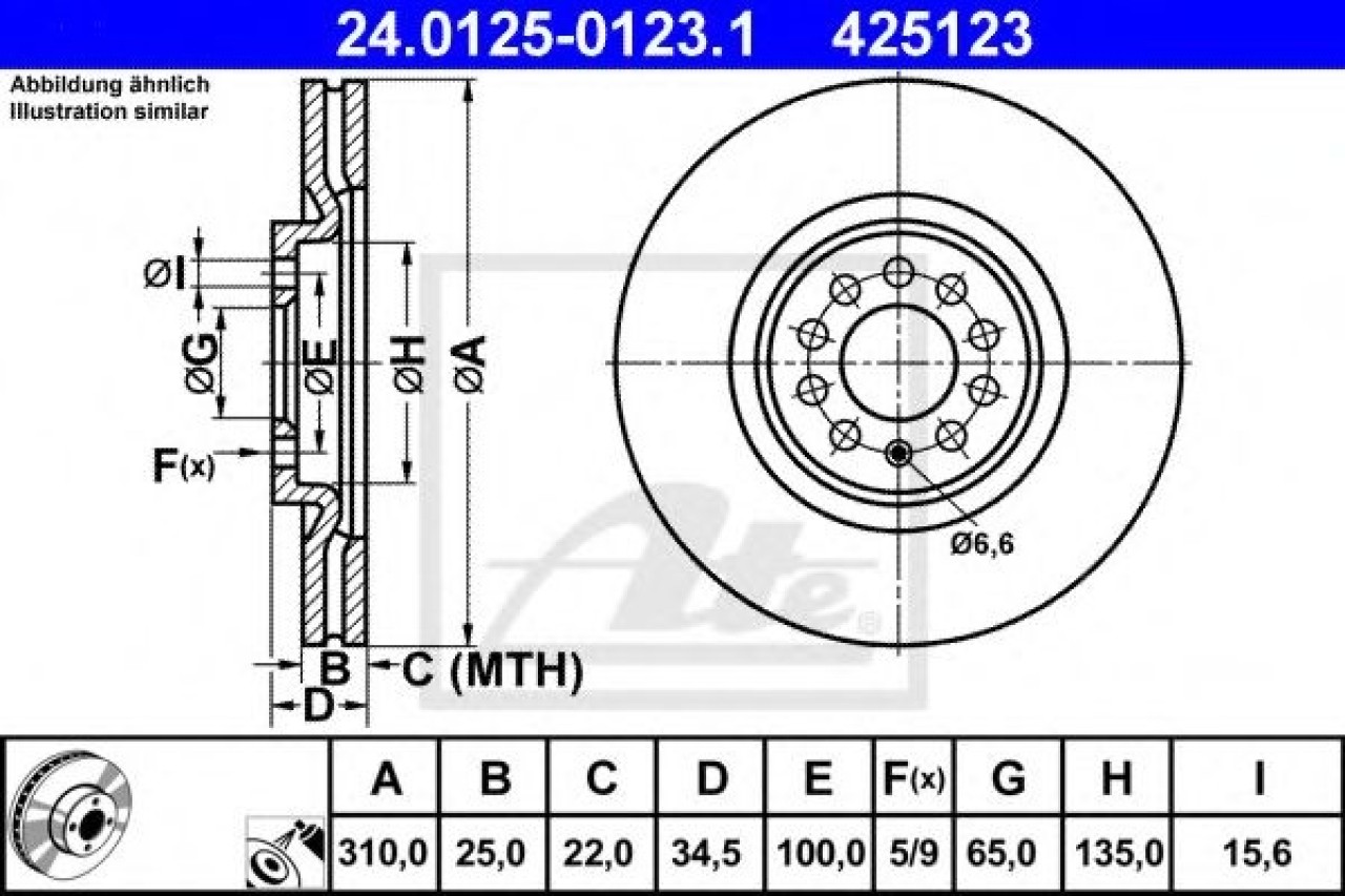 Disc frana AUDI TT (8N3) (1998 - 2006) ATE 24.0125-0123.1 piesa NOUA