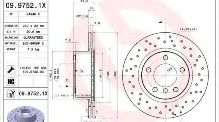 Disc frana BMW Seria 1 (E87) (2003 - 2013) BREMBO 09.9752.1X piesa NOUA