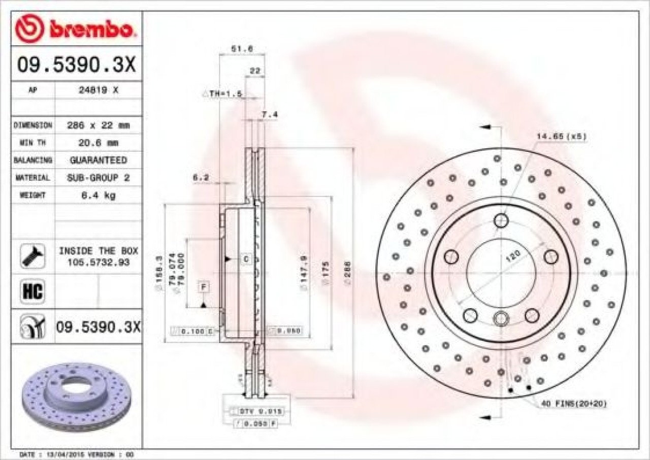 Disc frana BMW Seria 3 Compact (E36) (1994 - 2000) BREMBO 09.5390.3X piesa NOUA