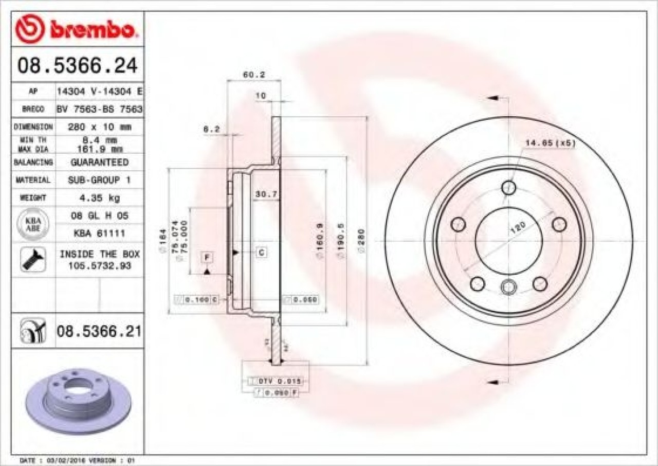 Disc frana BMW Seria 3 Cupe (E36) (1992 - 1999) BREMBO 08.5366.21 piesa NOUA