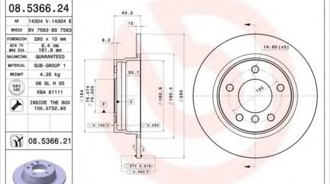 Disc frana BMW Seria 3 (E46) (1998 - 2005) BREMBO 08.5366.21 piesa NOUA