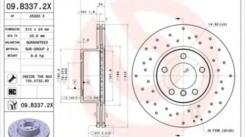 Disc frana BMW Seria 3 Gran Turismo (F34) (2013 - 2016) BREMBO 09.B337.2X piesa NOUA