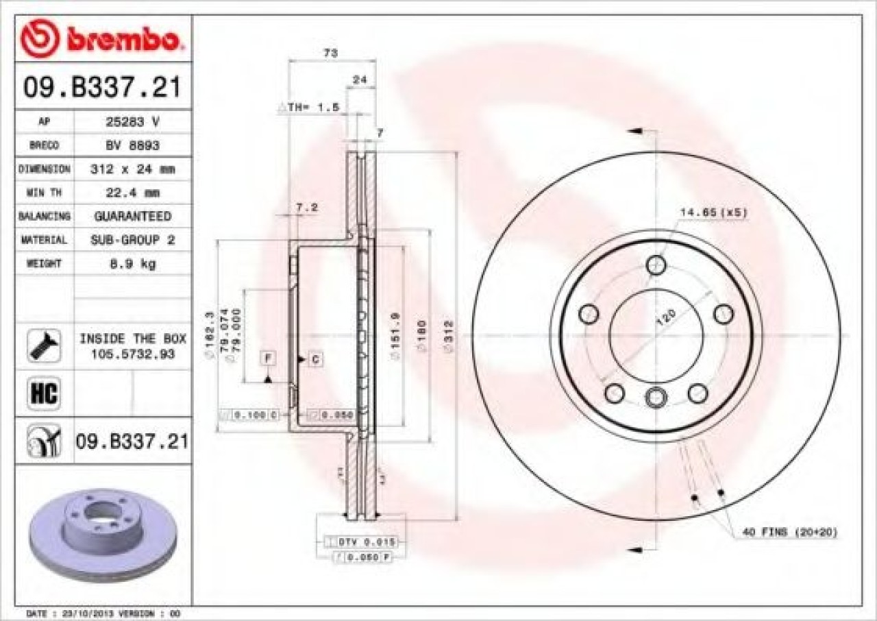 Disc frana BMW Seria 4 Cabriolet (F33, F83) (2013 - 2016) BREMBO 09.B337.21 piesa NOUA