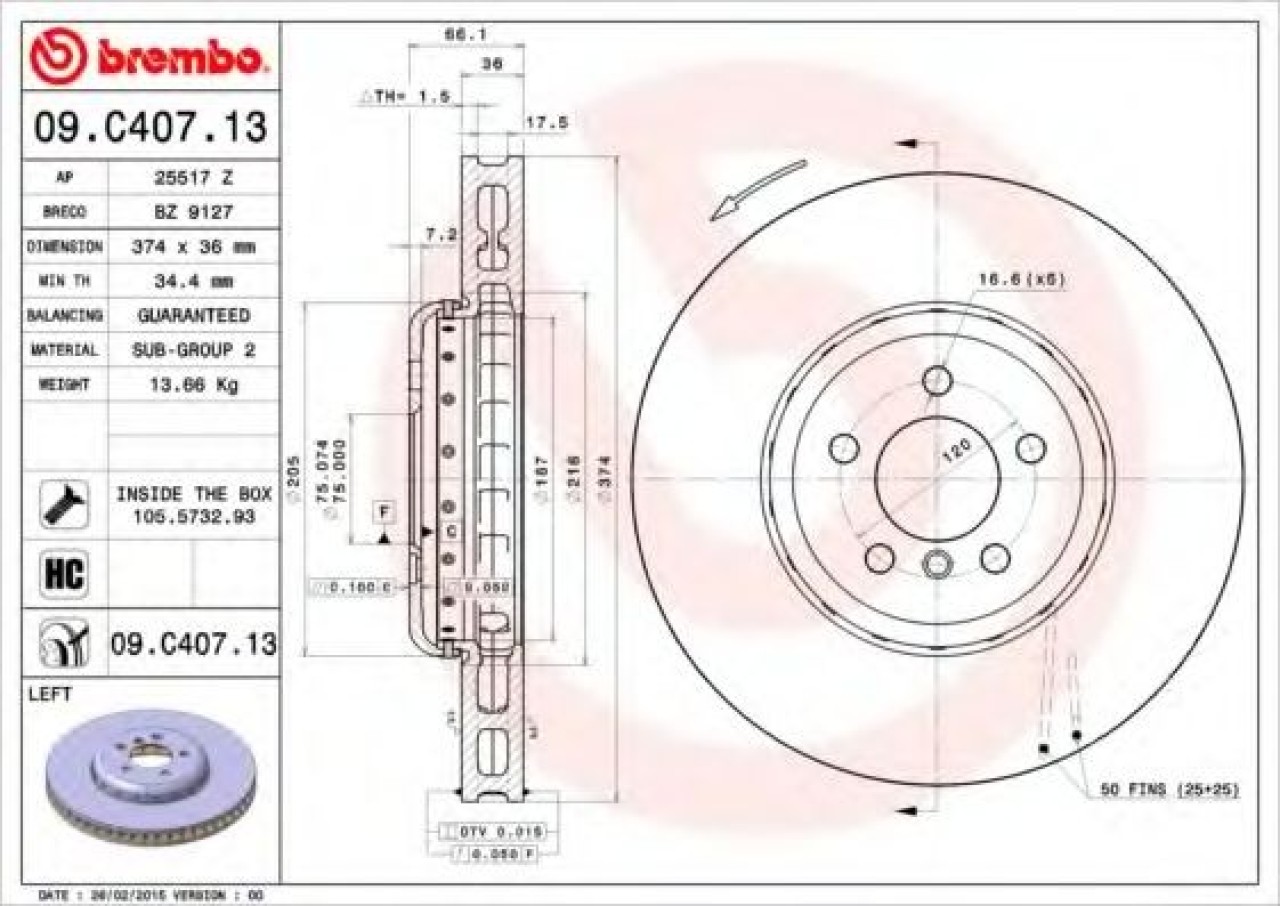 Disc frana BMW Seria 5 (F10, F18) (2009 - 2016) BREMBO 09.C407.13 piesa NOUA