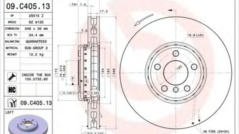 Disc frana BMW Seria 5 (F10, F18) (2009 - 2016) BREMBO 09.C405.13 piesa NOUA