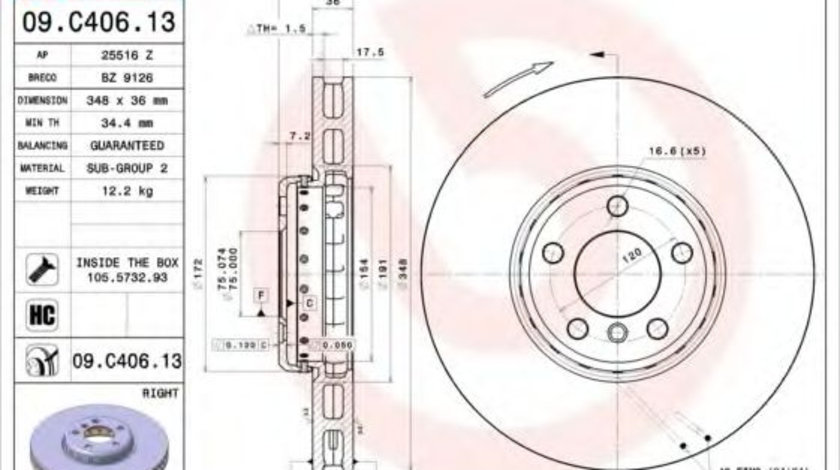 Disc frana BMW Seria 5 Gran Turismo (F07) (2009 - 2016) BREMBO 09.C406.13 piesa NOUA