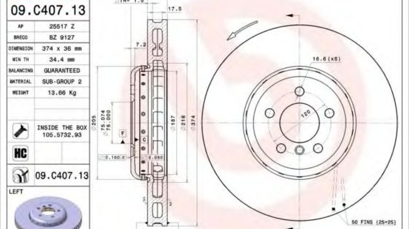 Disc frana BMW Seria 6 Cabriolet (F12) (2011 - 2016) BREMBO 09.C407.13 piesa NOUA