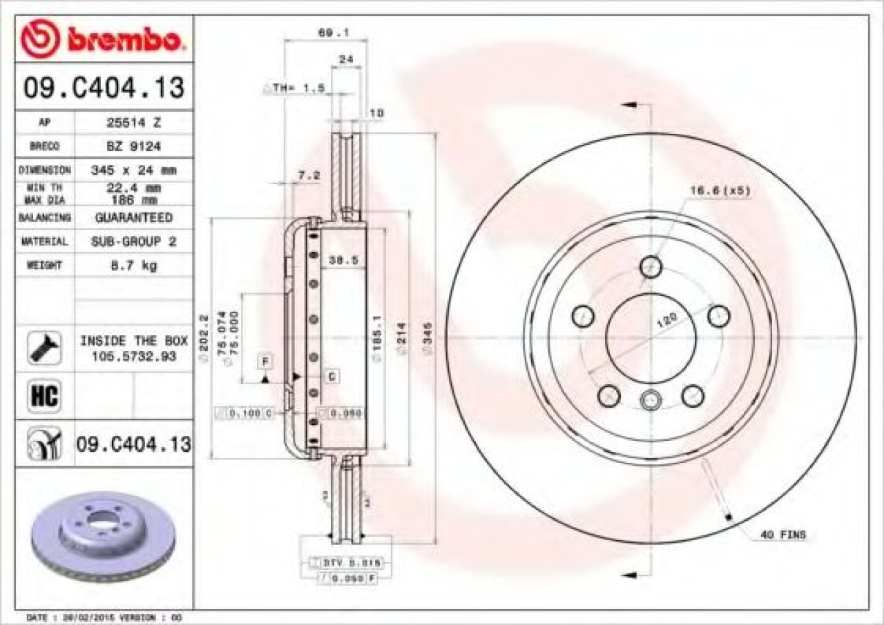 Disc frana BMW Seria 7 (F01, F02, F03, F04) (2008 - 2015) BREMBO 09.C404.13 piesa NOUA