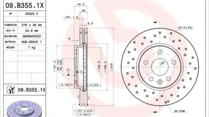 Disc frana CHEVROLET AVEO Hatchback (T300) (2011 - 2016) BREMBO 09.B355.1X piesa NOUA