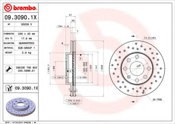 Disc frana CHEVROLET KALOS (2005 - 2016) BREMBO 09.3090.1X piesa NOUA