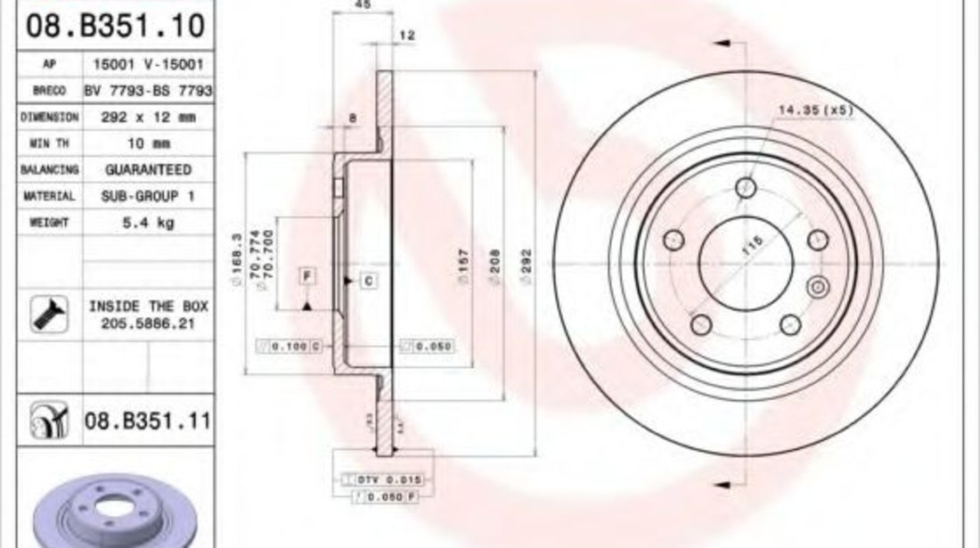 Disc frana CHEVROLET ORLANDO (J309) (2010 - 2016) BREMBO 08.B351.11 piesa NOUA