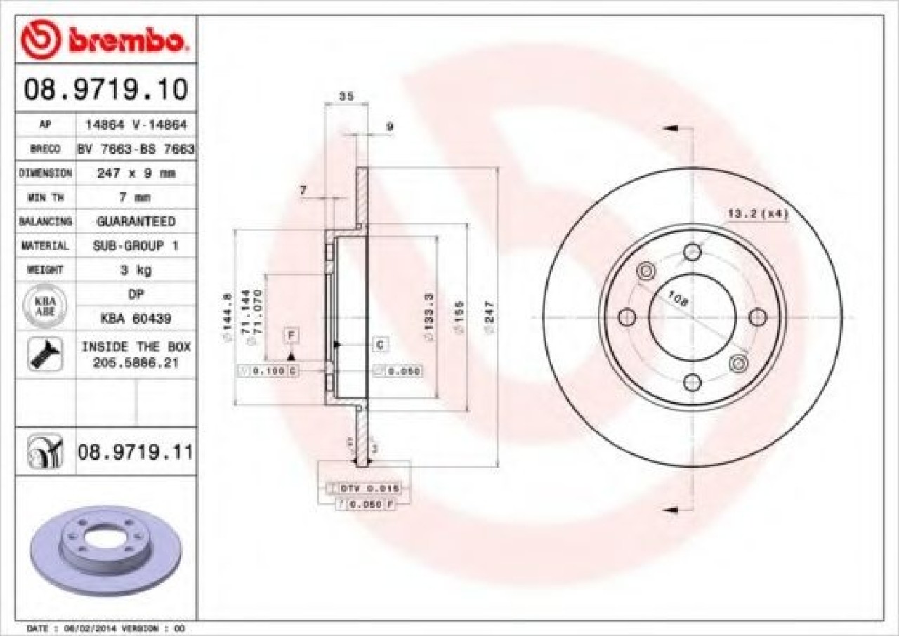 Disc frana CITROEN BERLINGO caroserie (M) (1996 - 2016) BREMBO 08.9719.11 piesa NOUA