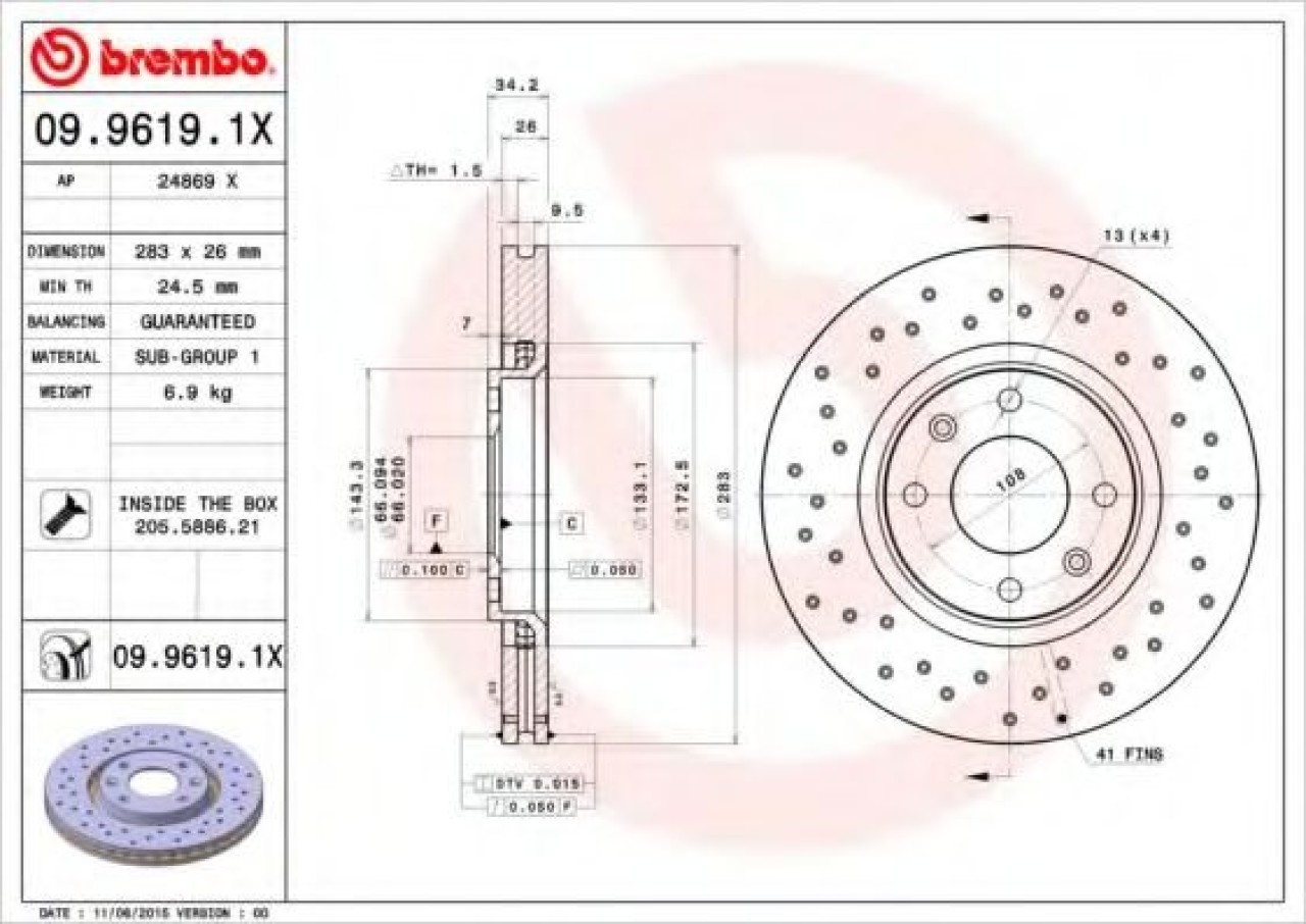 Disc frana CITROEN BERLINGO (MF) (1996 - 2016) BREMBO 09.9619.1X piesa NOUA