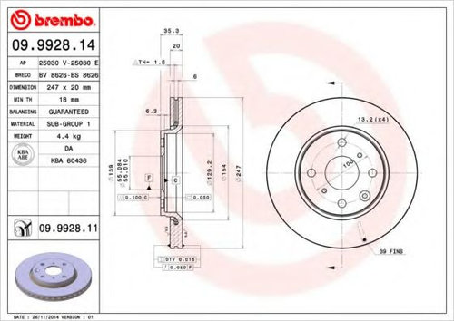 Disc frana CITROEN C1 II (2014 - 2016) BREMBO 09.9928.14 piesa NOUA