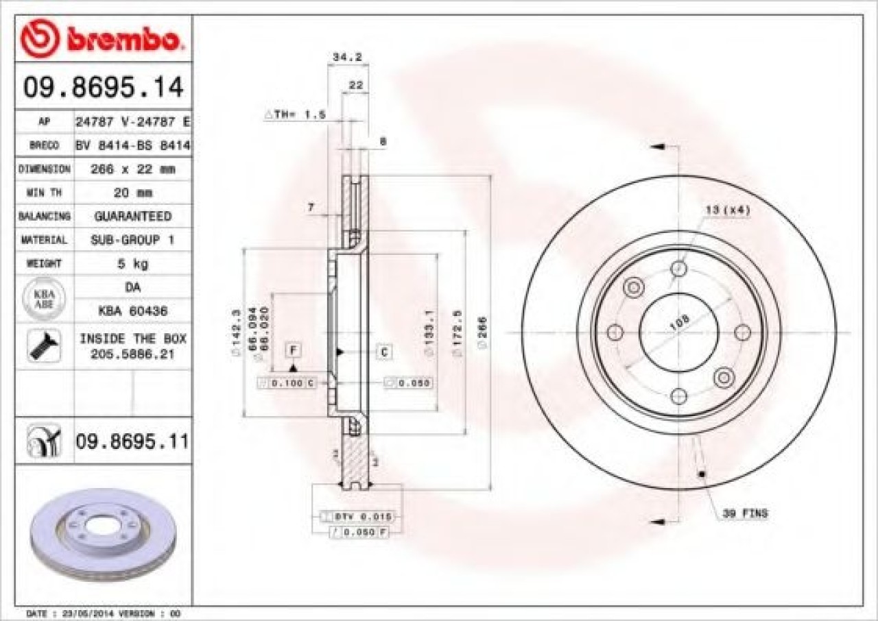 Disc frana CITROEN C2 (JM) (2003 - 2016) BREMBO 09.8695.11 piesa NOUA