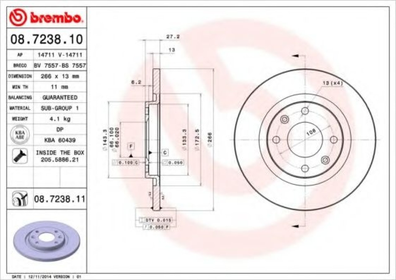 Disc frana CITROEN C3 I (FC) (2002 - 2016) BREMBO 08.7238.11 piesa NOUA