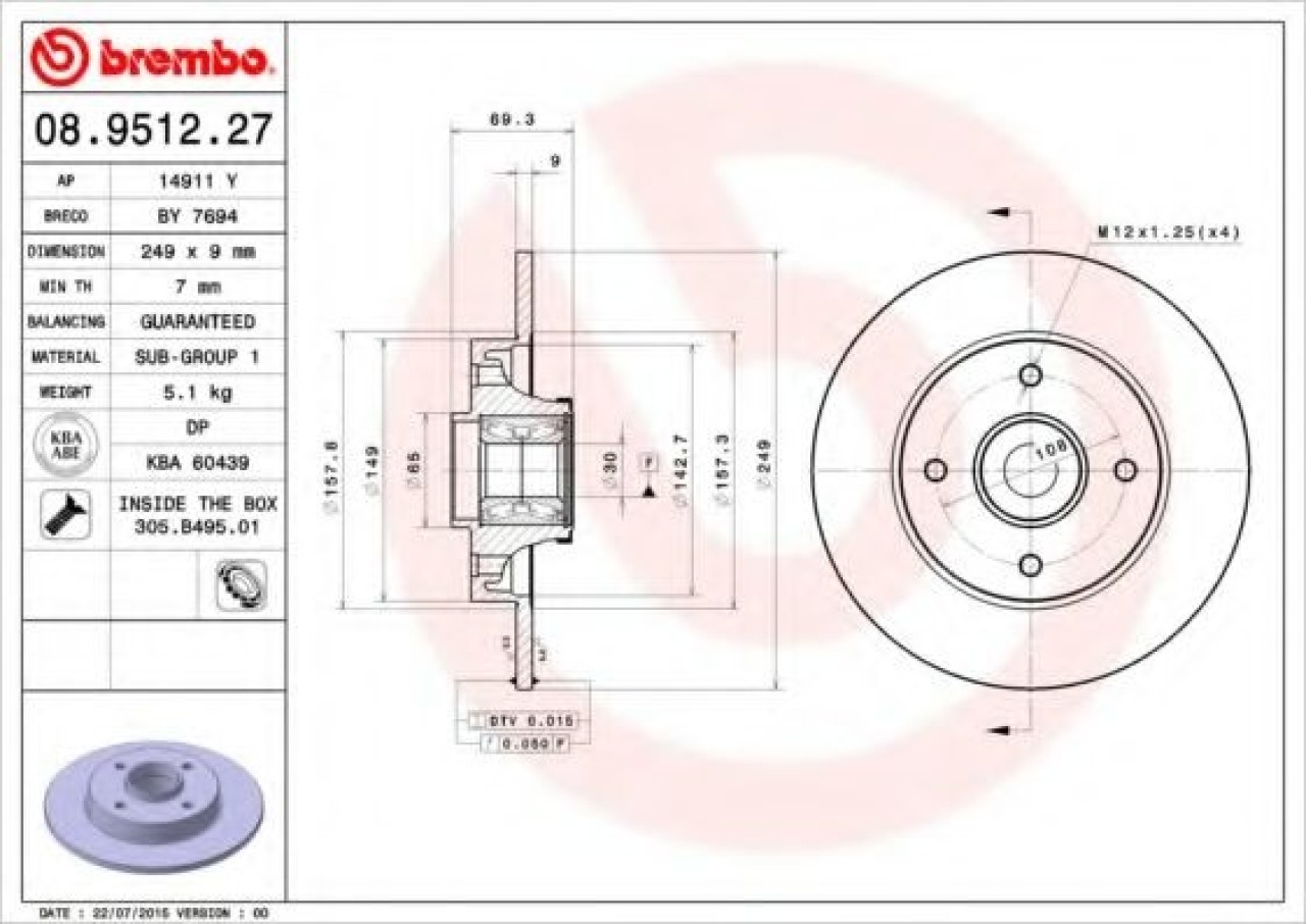 Disc frana CITROEN C3 Picasso (2009 - 2016) BREMBO 08.9512.27 piesa NOUA