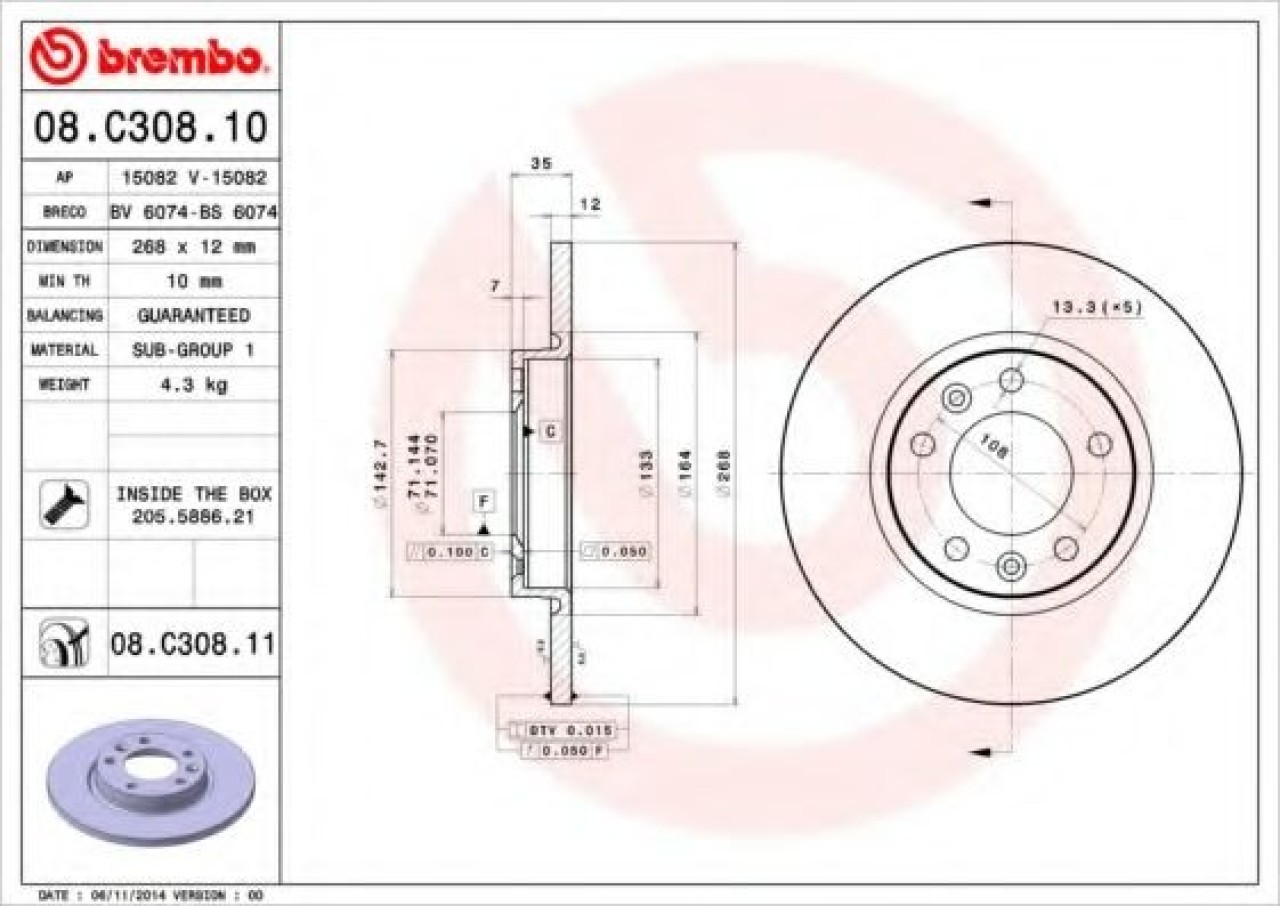 Disc frana CITROEN C4 Grand Picasso II (2013 - 2016) BREMBO 08.C308.11 piesa NOUA