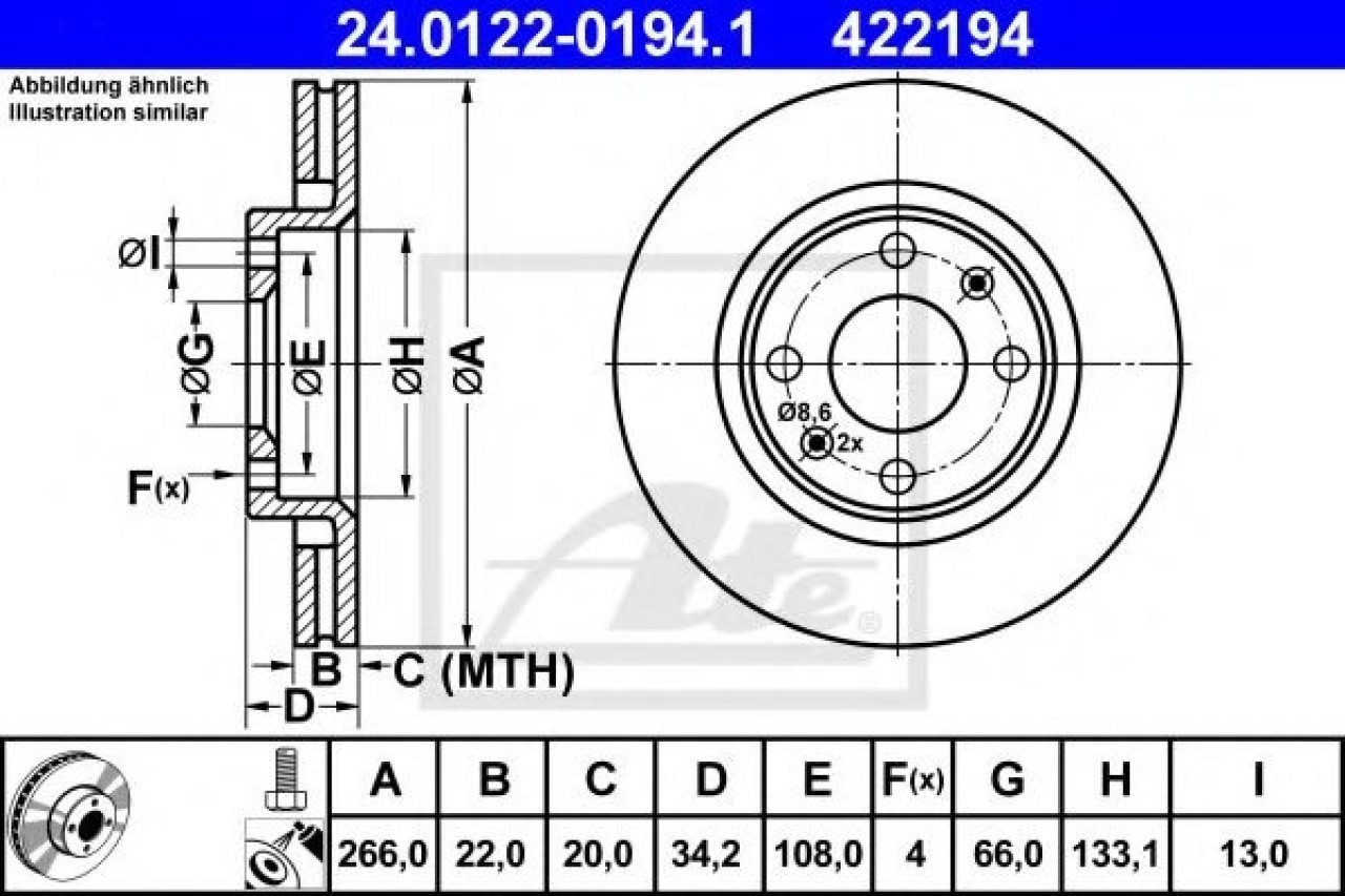 Disc frana CITROEN C5 I (DC) (2001 - 2004) ATE 24.0122-0194.1 piesa NOUA