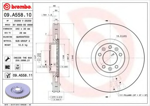 Disc frana CITROEN C5 III Break (TD) (2008 - 2016) BREMBO 09.A558.11 piesa NOUA