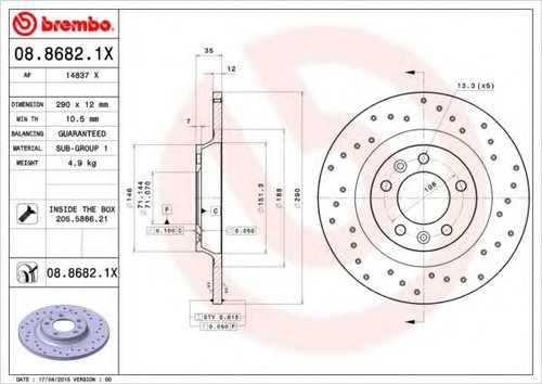 Disc frana CITROEN C5 III Break (TD) (2008 - 2016) BREMBO 08.8682.1X piesa NOUA