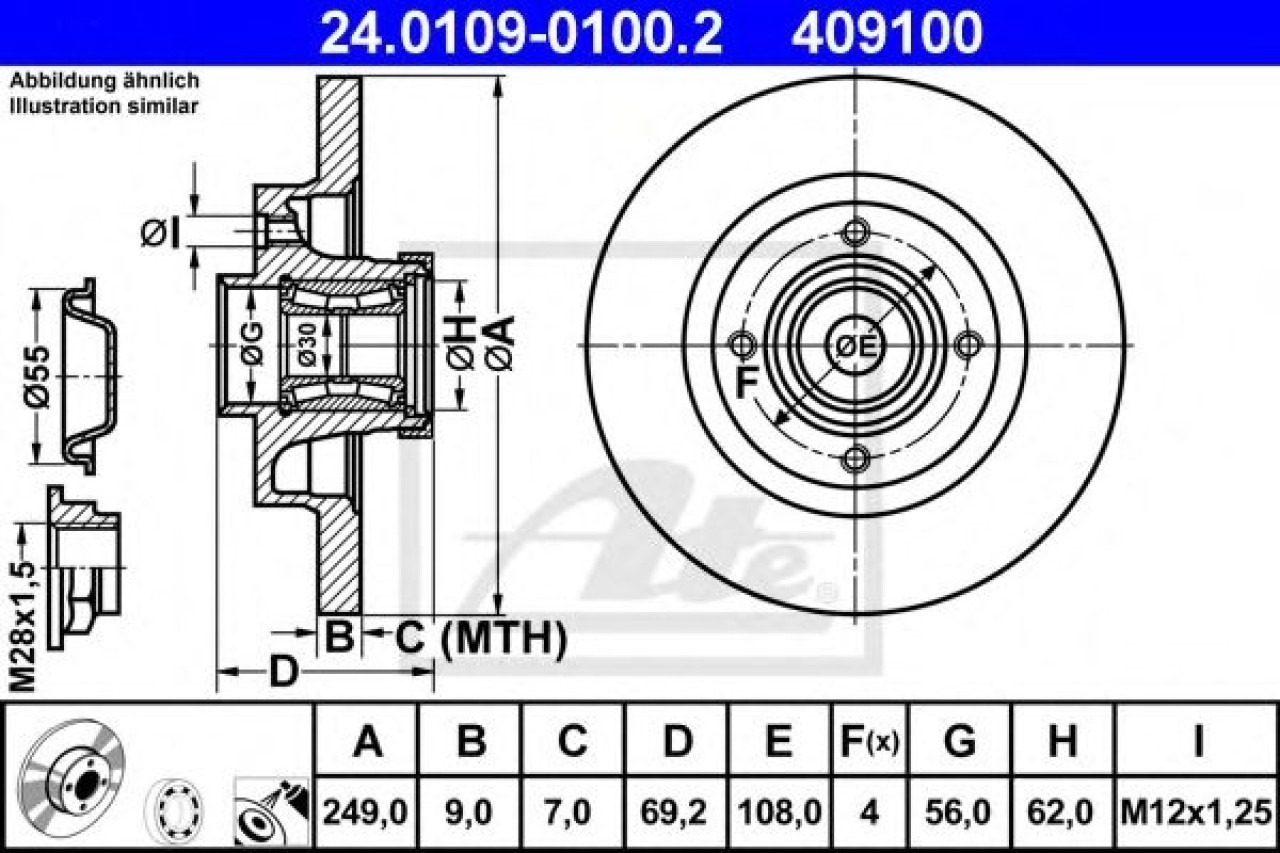 Disc frana CITROEN DS3 Cabriolet (2013 - 2015) ATE 24.0109-0100.2 piesa NOUA