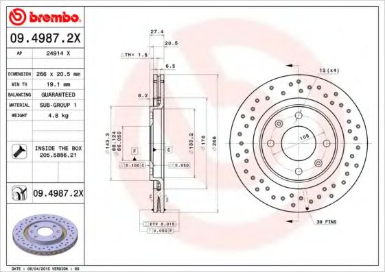 Disc frana CITROEN XANTIA Estate (X1) (1995 - 1998) BREMBO 09.4987.2X piesa NOUA