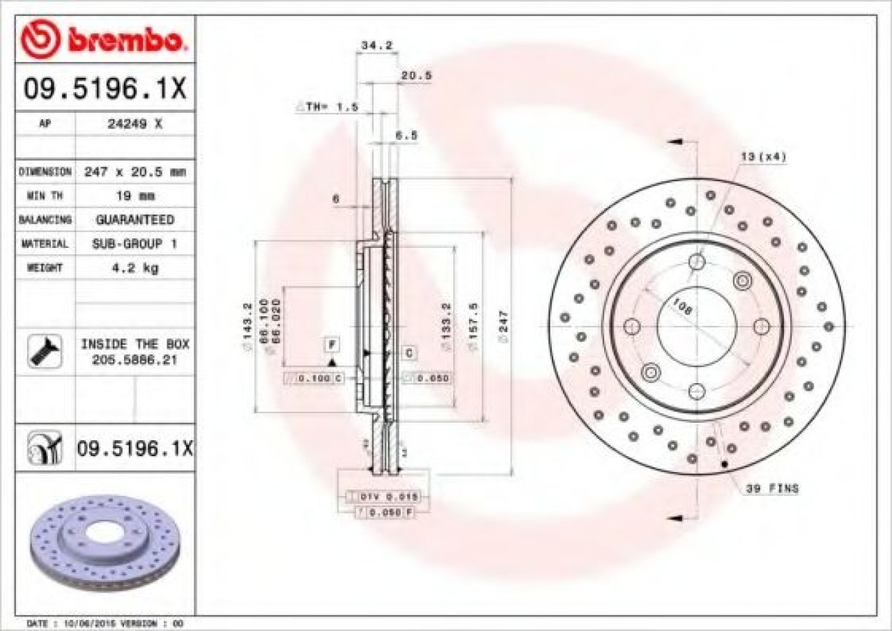 Disc frana CITROEN XSARA (N1) (1997 - 2005) BREMBO 09.5196.1X piesa NOUA