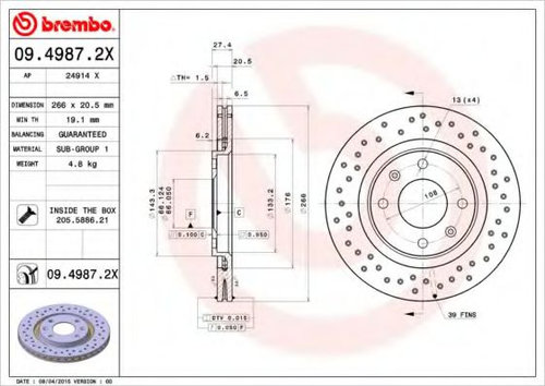 Disc frana CITROEN XSARA PICASSO (N68) (1999 - 2016) BREMBO 09.4987.2X piesa NOUA