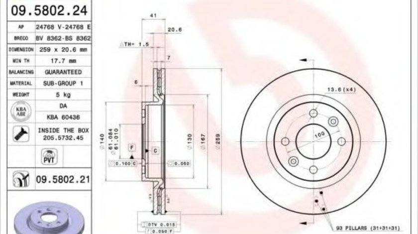 Disc frana DACIA LOGAN MCV (KS) (2007 - 2016) BREMBO 09.5802.21 piesa NOUA