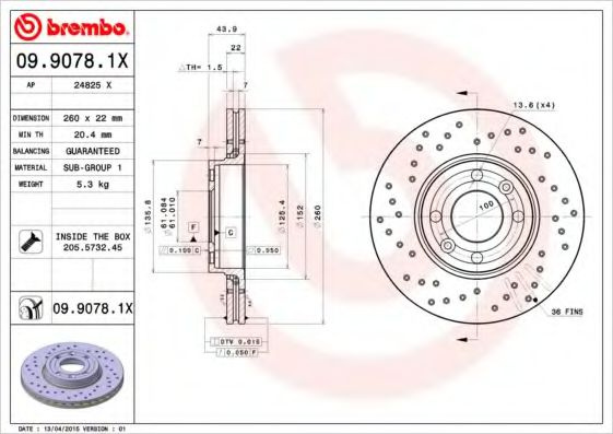 Disc frana DACIA SANDERO (2008 - 2016) BREMBO 09.9078.1X piesa NOUA