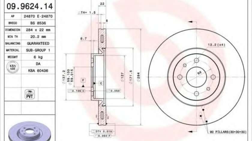 Disc frana FIAT CROMA (154) (1985 - 1996) BREMBO 09.9624.14 piesa NOUA