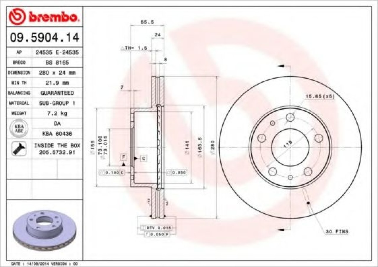 Disc frana FIAT DUCATO bus (230) (1994 - 2002) BREMBO 09.5904.14 piesa NOUA