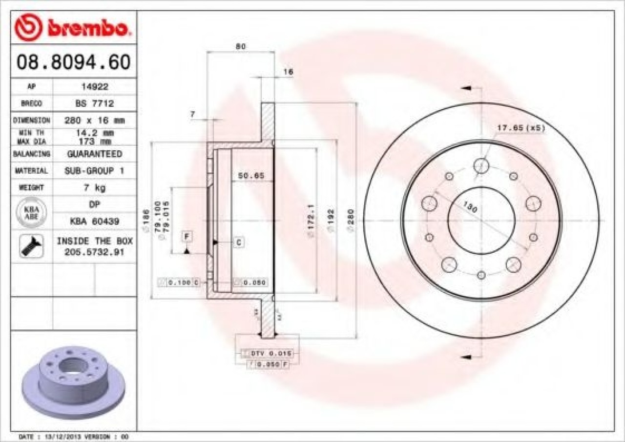 Disc frana FIAT DUCATO bus (250, 290) (2006 - 2016) BREMBO 08.8094.60 piesa NOUA