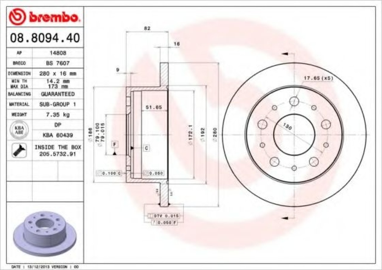 Disc frana FIAT DUCATO bus (250, 290) (2006 - 2016) BREMBO 08.8094.40 piesa NOUA