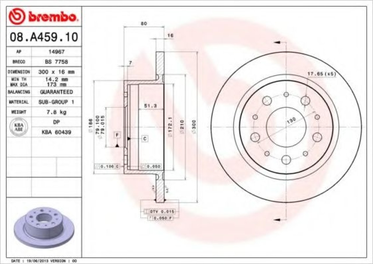 Disc frana FIAT DUCATO platou / sasiu (250, 290) (2006 - 2016) BREMBO 08.A459.10 piesa NOUA