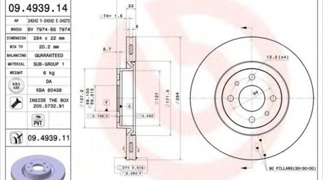 Disc frana FIAT FIORINO Combi (225) (2007 - 2016) BREMBO 09.4939.11 piesa NOUA