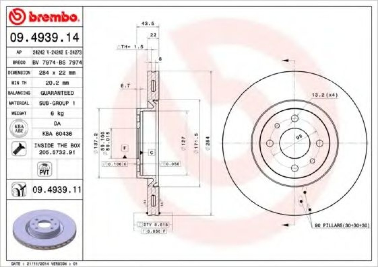 Disc frana FIAT LINEA (323) (2007 - 2016) BREMBO 09.4939.11 piesa NOUA