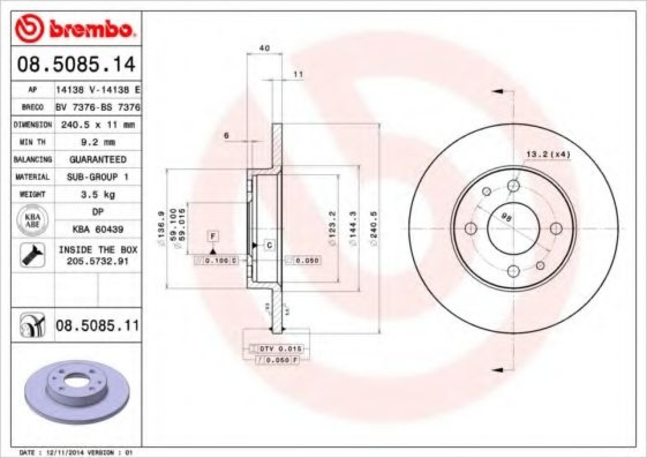 Disc frana FIAT PANDA (169) (2003 - 2016) BREMBO 08.5085.11 piesa NOUA