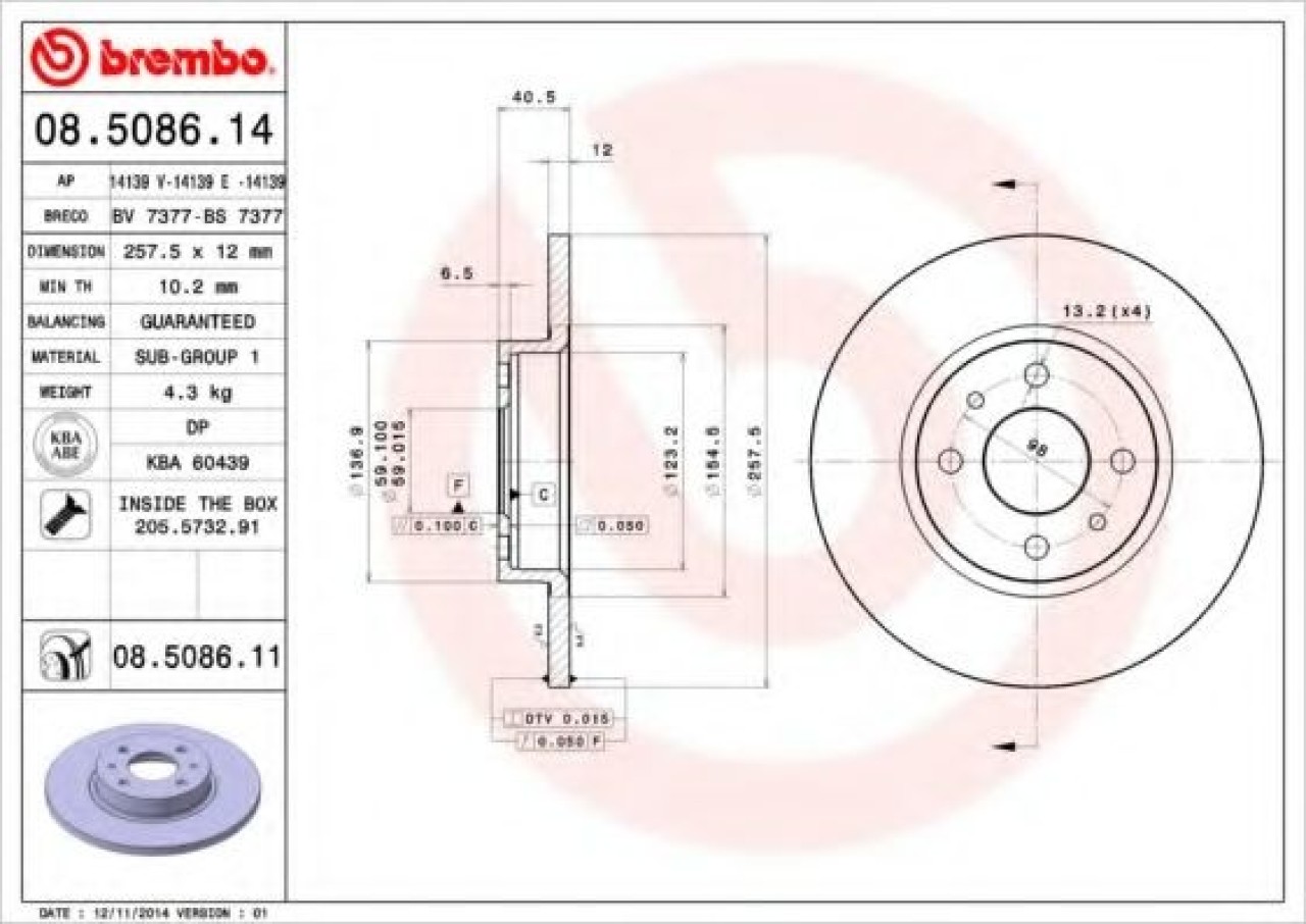 Disc frana FIAT PUNTO (188) (1999 - 2016) BREMBO 08.5086.11 piesa NOUA