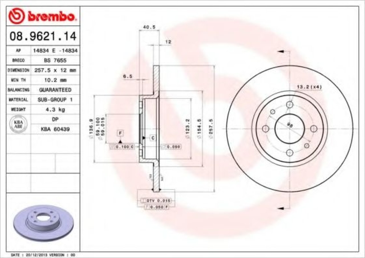 Disc frana FIAT PUNTO Cabriolet (176C) (1994 - 2000) BREMBO 08.9621.14 piesa NOUA