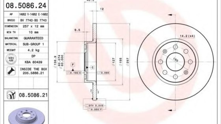 Disc frana FIAT PUNTO EVO (199) (2008 - 2016) BREMBO 08.5086.24 piesa NOUA