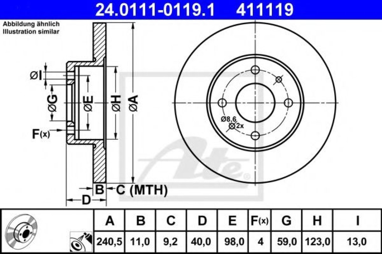 Disc frana FIAT PUNTO Van (188AX) (2000 - 2009) ATE 24.0111-0119.1 piesa NOUA