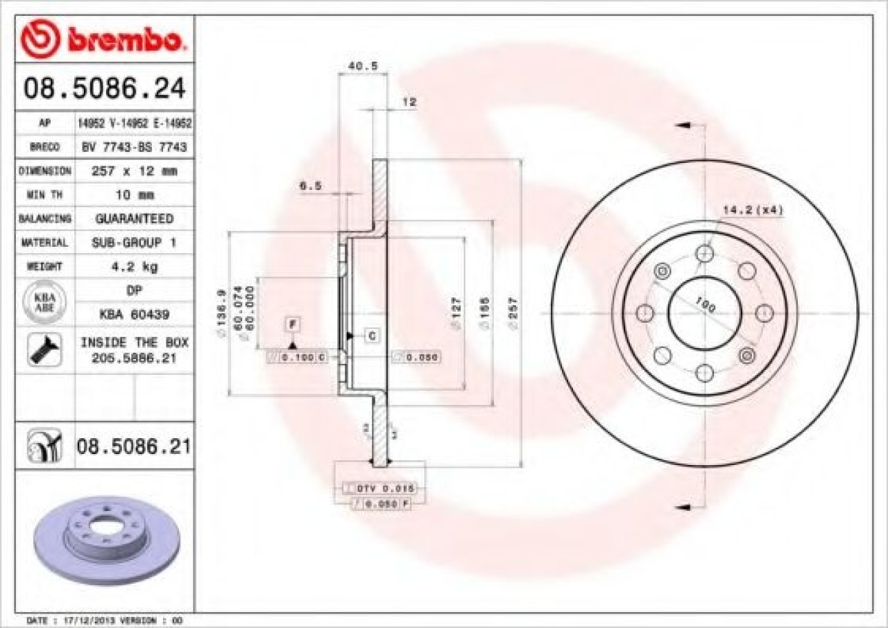 Disc frana FIAT PUNTO Van (199) (2008 - 2016) BREMBO 08.5086.21 piesa NOUA