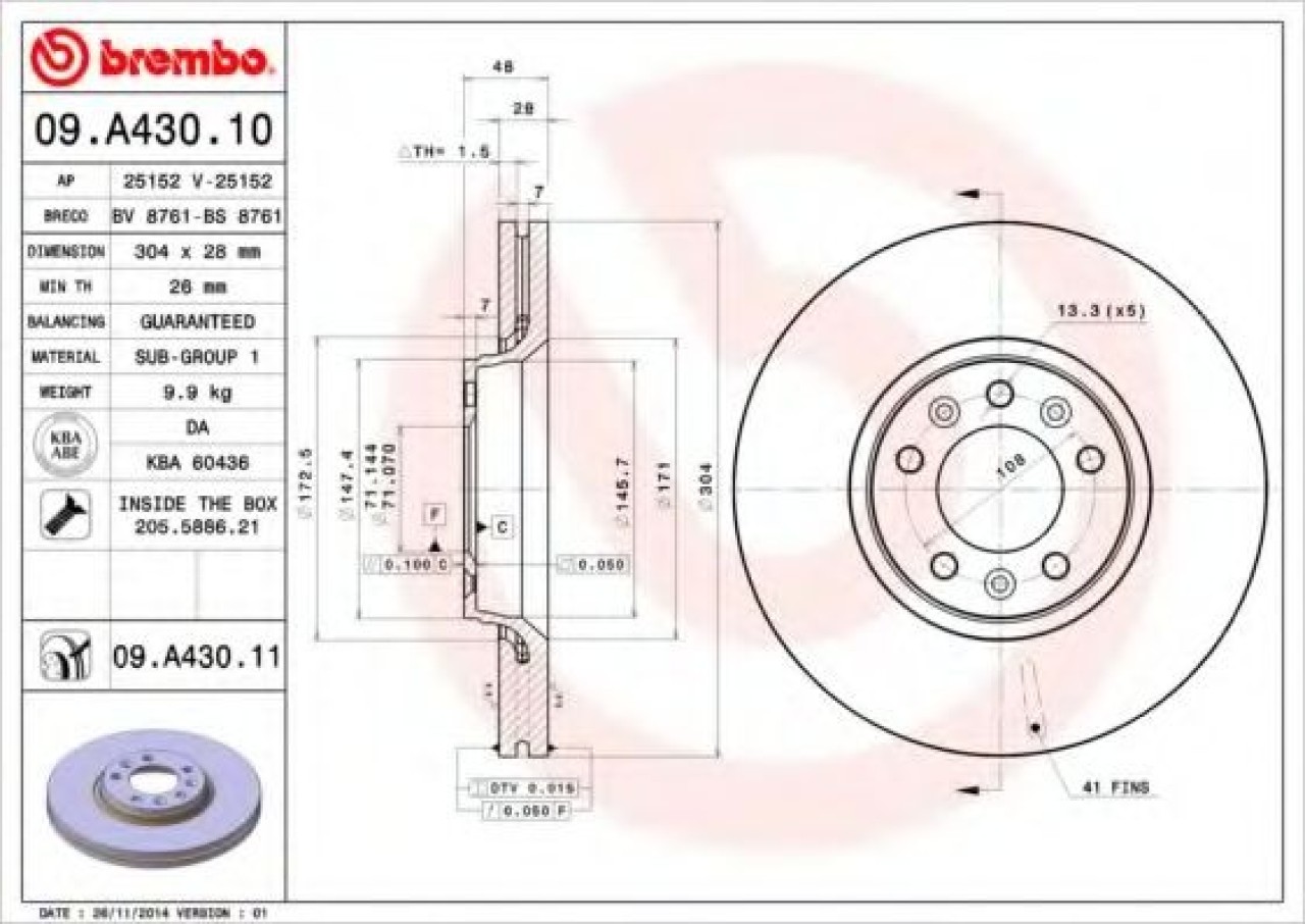 Disc frana FIAT SCUDO platou / sasiu (272, 270) (2007 - 2016) BREMBO 09.A430.11 piesa NOUA