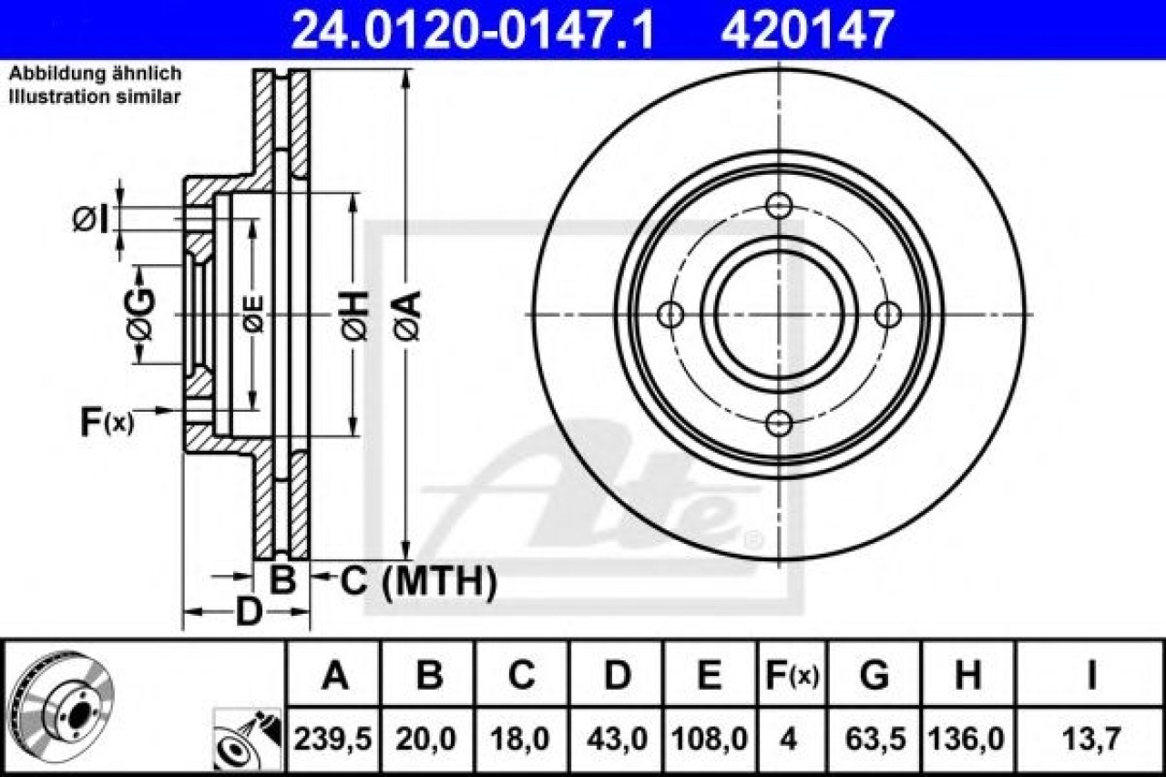 Disc frana FORD FIESTA IV (JA, JB) (1995 - 2002) ATE 24.0120-0147.1 piesa NOUA