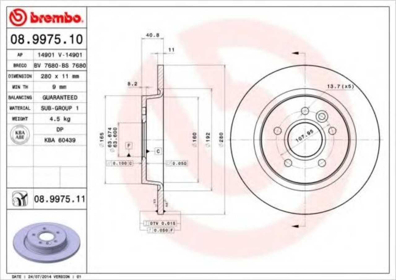 Disc frana FORD FOCUS II (DA) (2004 - 2012) BREMBO 08.9975.11 piesa NOUA