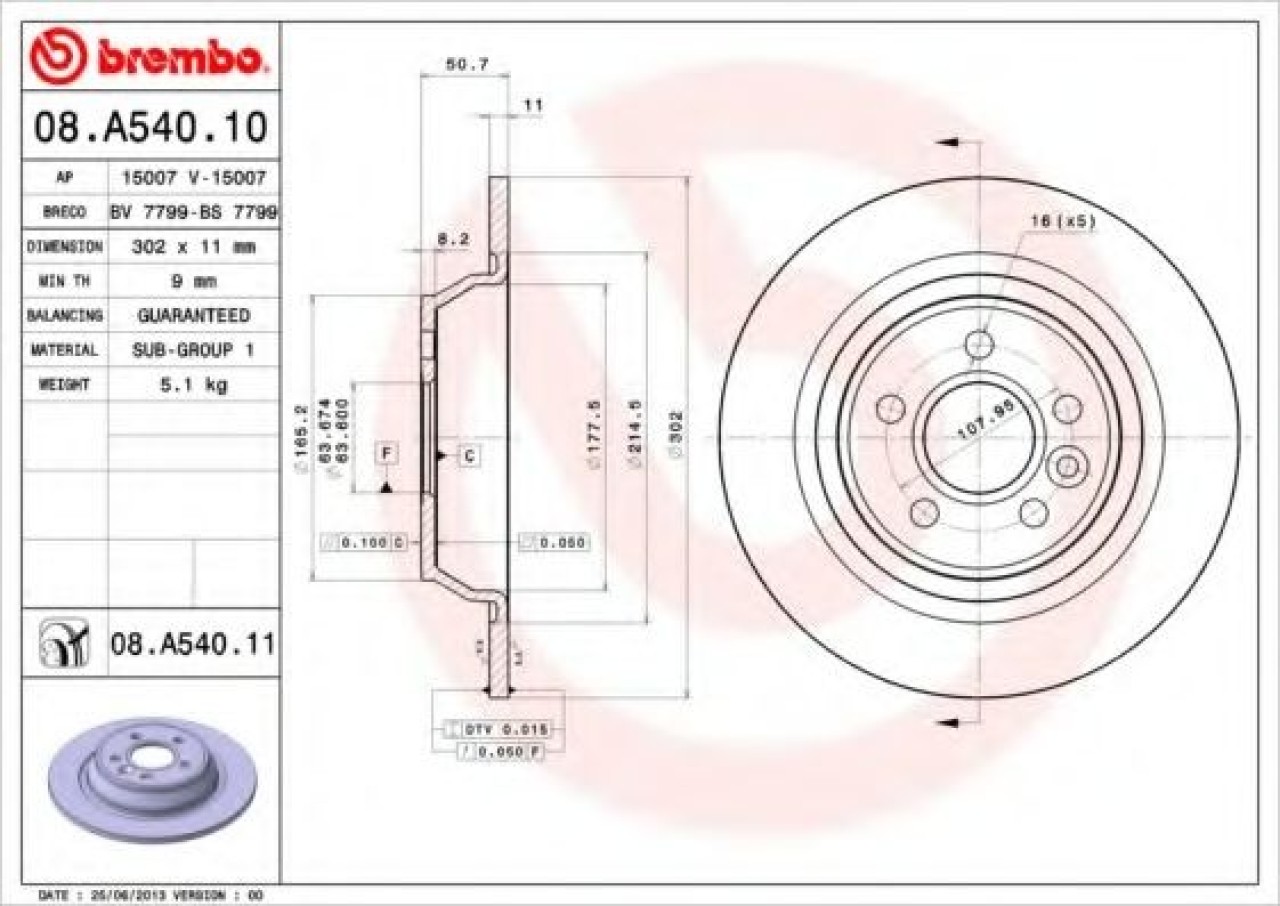 Disc frana FORD FOCUS II (DA) (2004 - 2012) BREMBO 08.A540.11 piesa NOUA